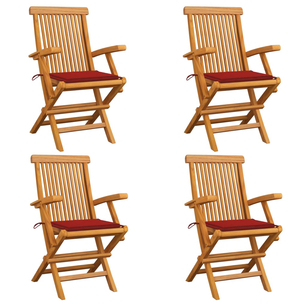 vidaXL Garden Chairs with Red Cushions 4 pcs Solid Teak Wood