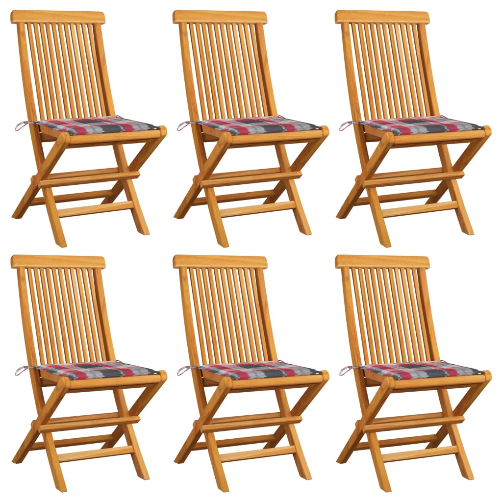 vidaXL Garden Chairs Red Check Pattern Cushions 6 pcs Solid Teak Wood