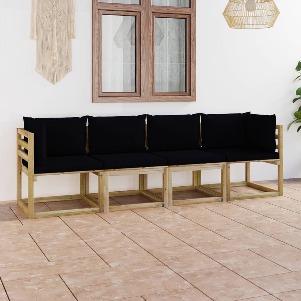 vidaXL 4-Seater Garden Sofa with Black Cushions