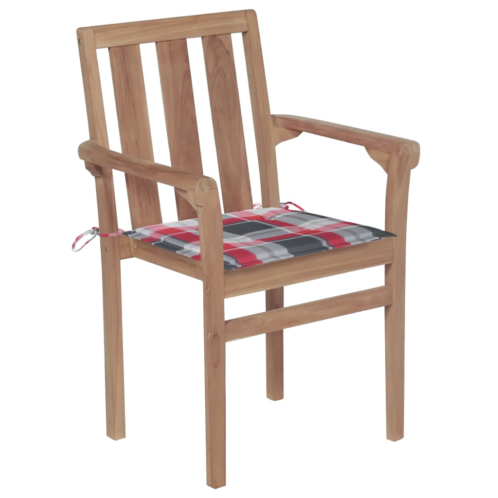 vidaXL Garden Chairs 2 pcs Red Check Pattern Cushions Solid Teak Wood
