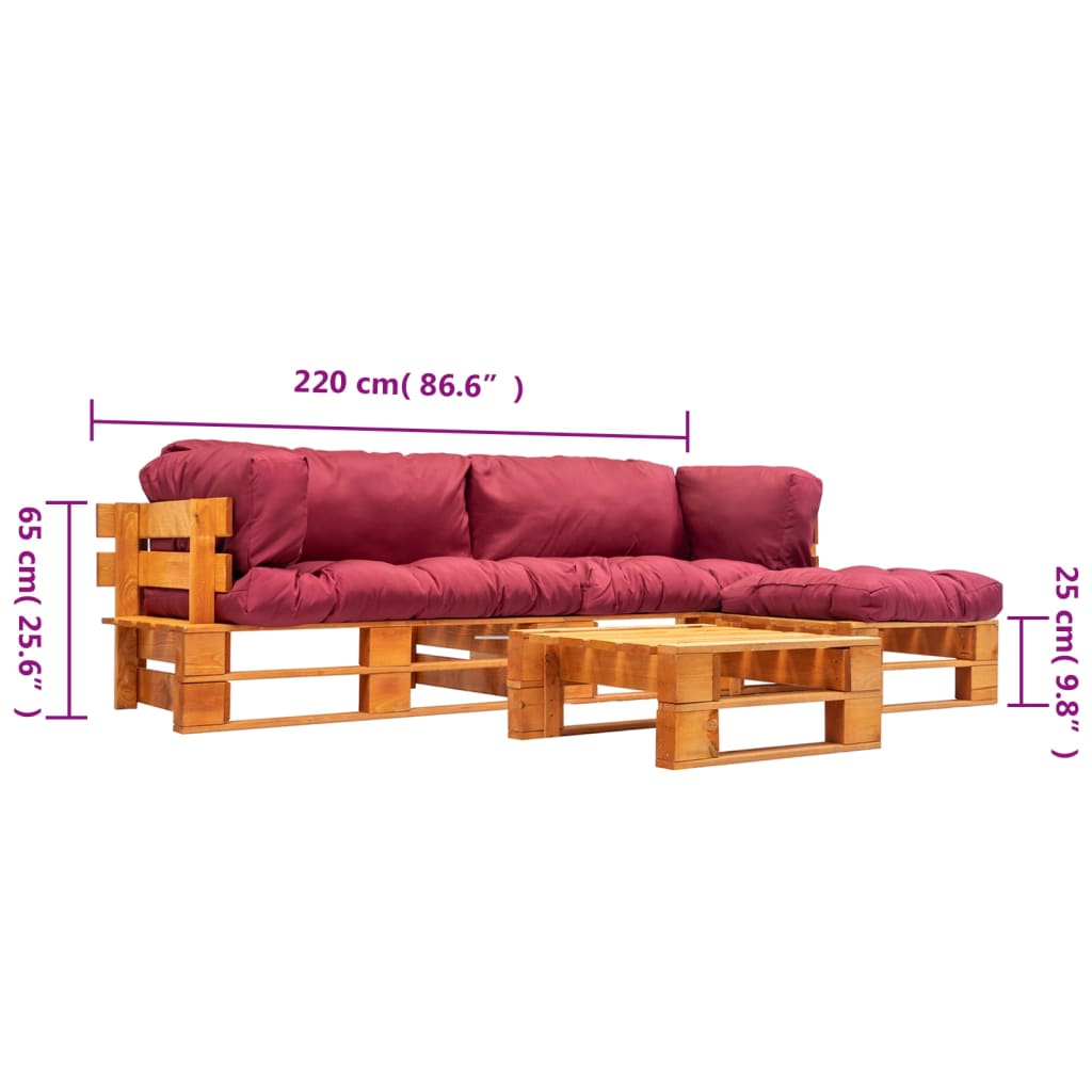 vidaXL 4 Piece Garden Pallet Lounge Set with Red Cushions Wood