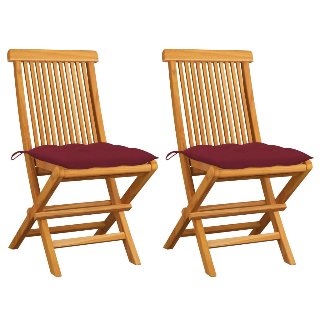 vidaXL Garden Chairs with Wine Red Cushions 2 pcs Solid Teak Wood