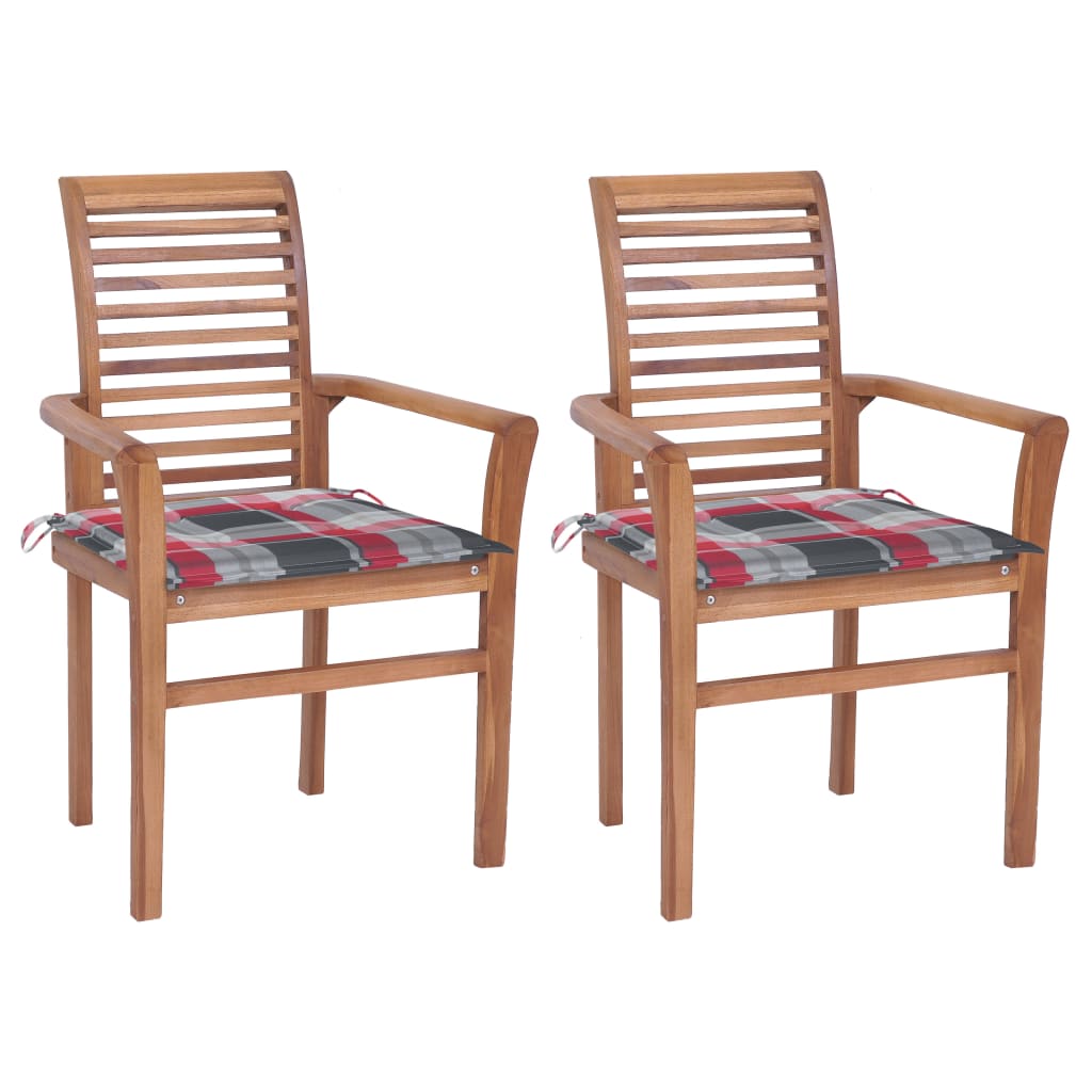 vidaXL Dining Chairs 2 pcs Red Check Pattern Cushions Solid Teak Wood
