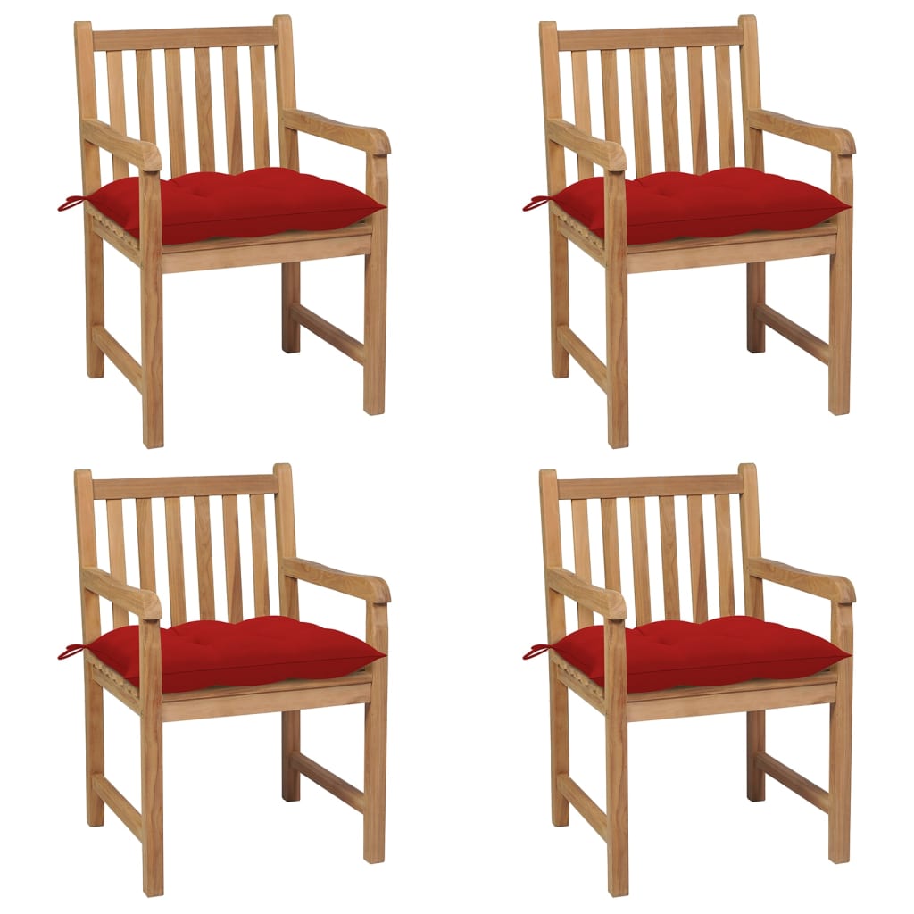 vidaXL Garden Chairs 4 pcs with Red Cushions Solid Teak Wood