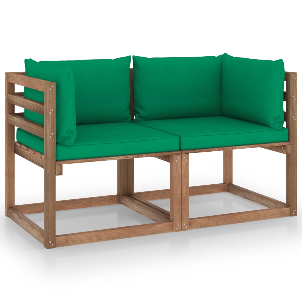 vidaXL Garden 2-Seater Pallet Sofa with Green Cushions Pinewood