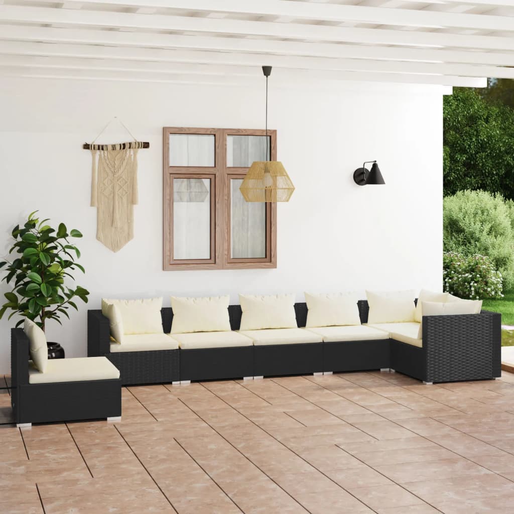 vidaXL 7 Piece Garden Lounge Set with Cushions Poly Rattan Black