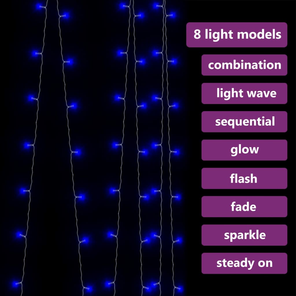 vidaXL LED Curtain Fairy Lights 3x3m 300 LED Blue 8 Function