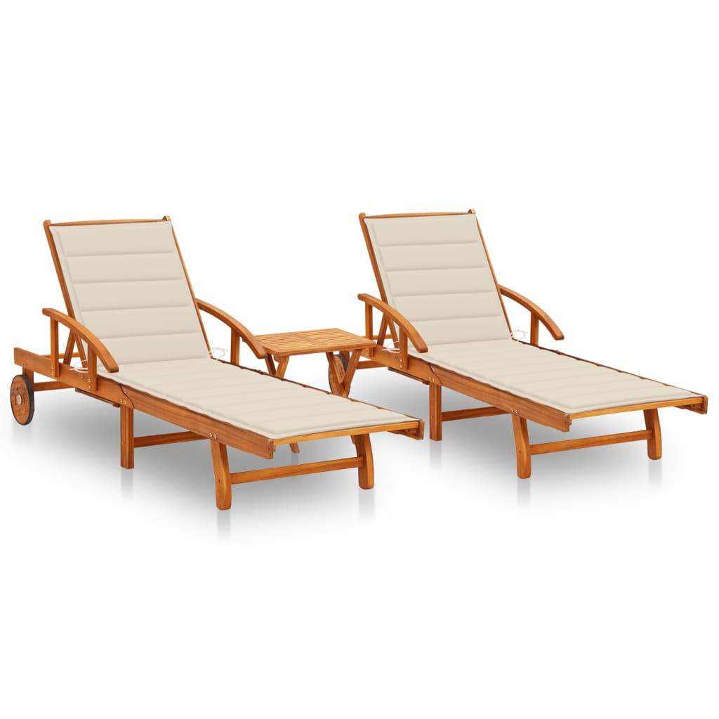 vidaXL Sun Loungers 2 pcs with Table and Cushions Solid Wood Acacia