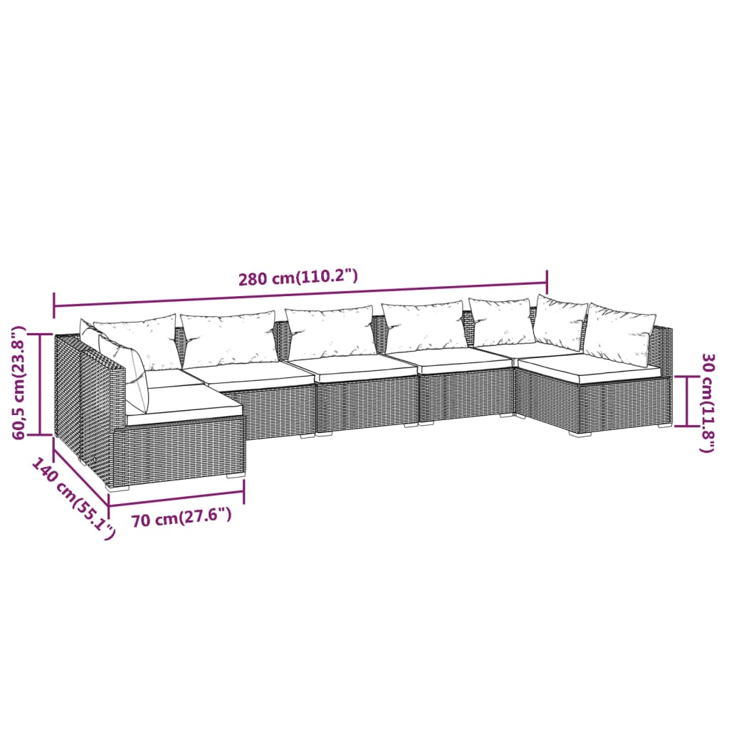 vidaXL 7 Piece Garden Lounge Set with Cushions Poly Rattan Black