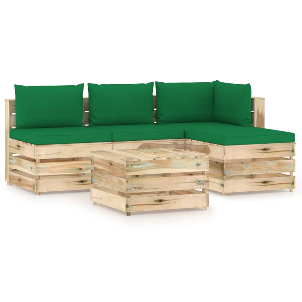 vidaXL 5 Piece Garden Lounge Set with Cushions Green Impregnated Wood