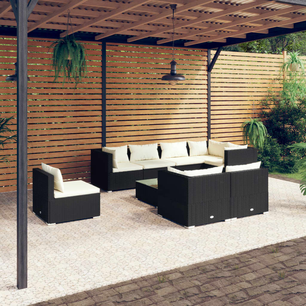 vidaXL 9 Piece Garden Lounge Set with Cushions Poly Rattan Black