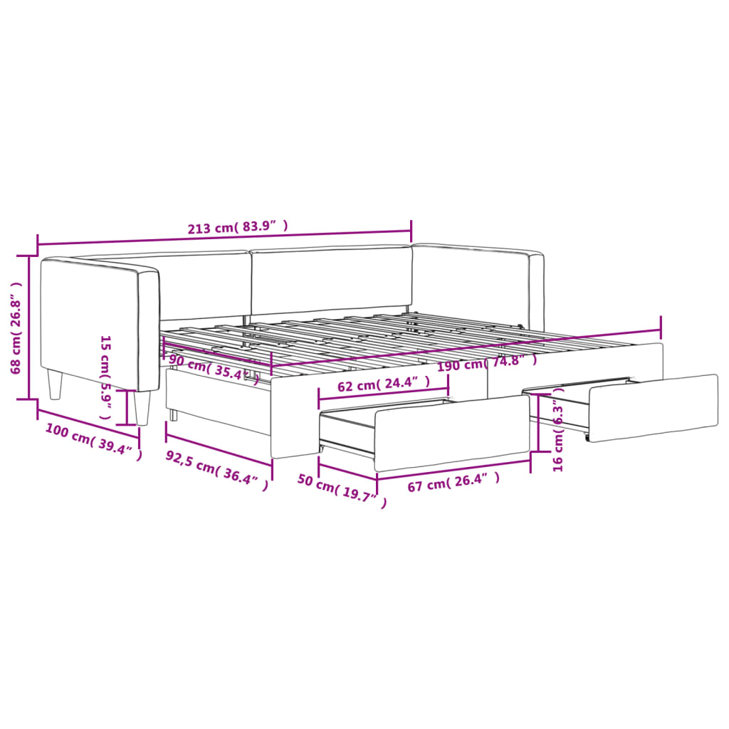 vidaXL Daybed with Trundle&Drawers without Mattress Dark Grey 90x190 cm