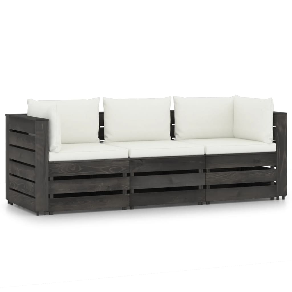 vidaXL 3-Seater Garden Sofa with Cushions Grey Impregnated Wood