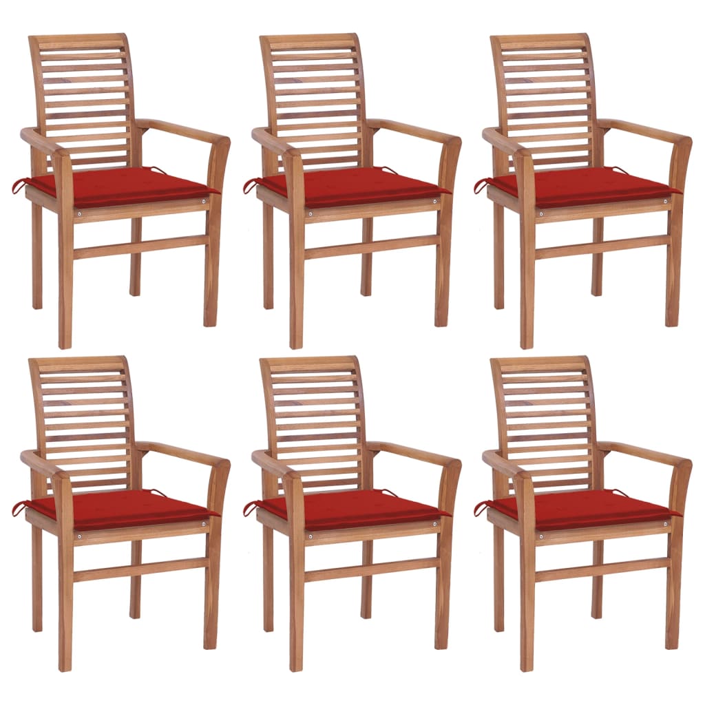 vidaXL Dining Chairs 6 pcs with Red Cushions Solid Teak Wood