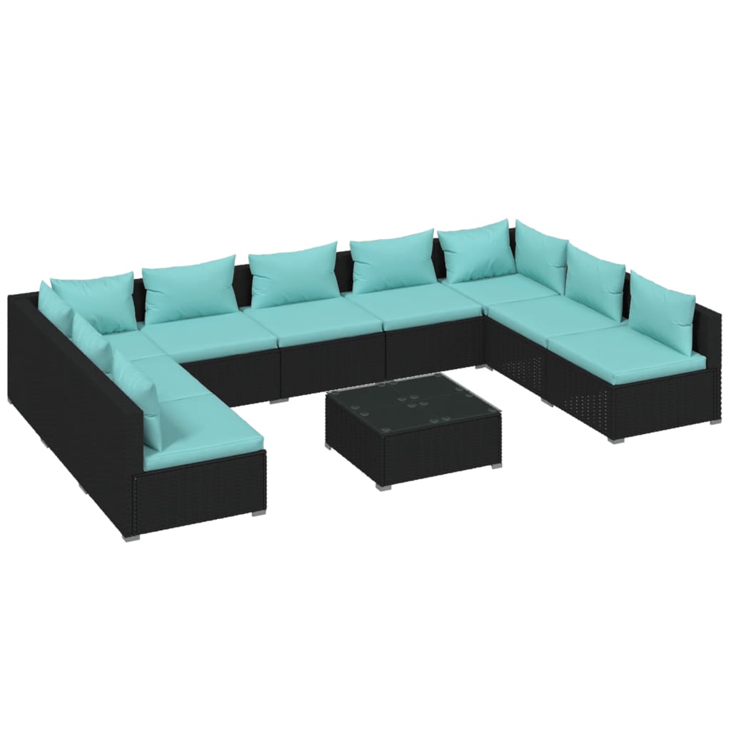 vidaXL 10 Piece Garden Lounge Set with Cushions Poly Rattan Black