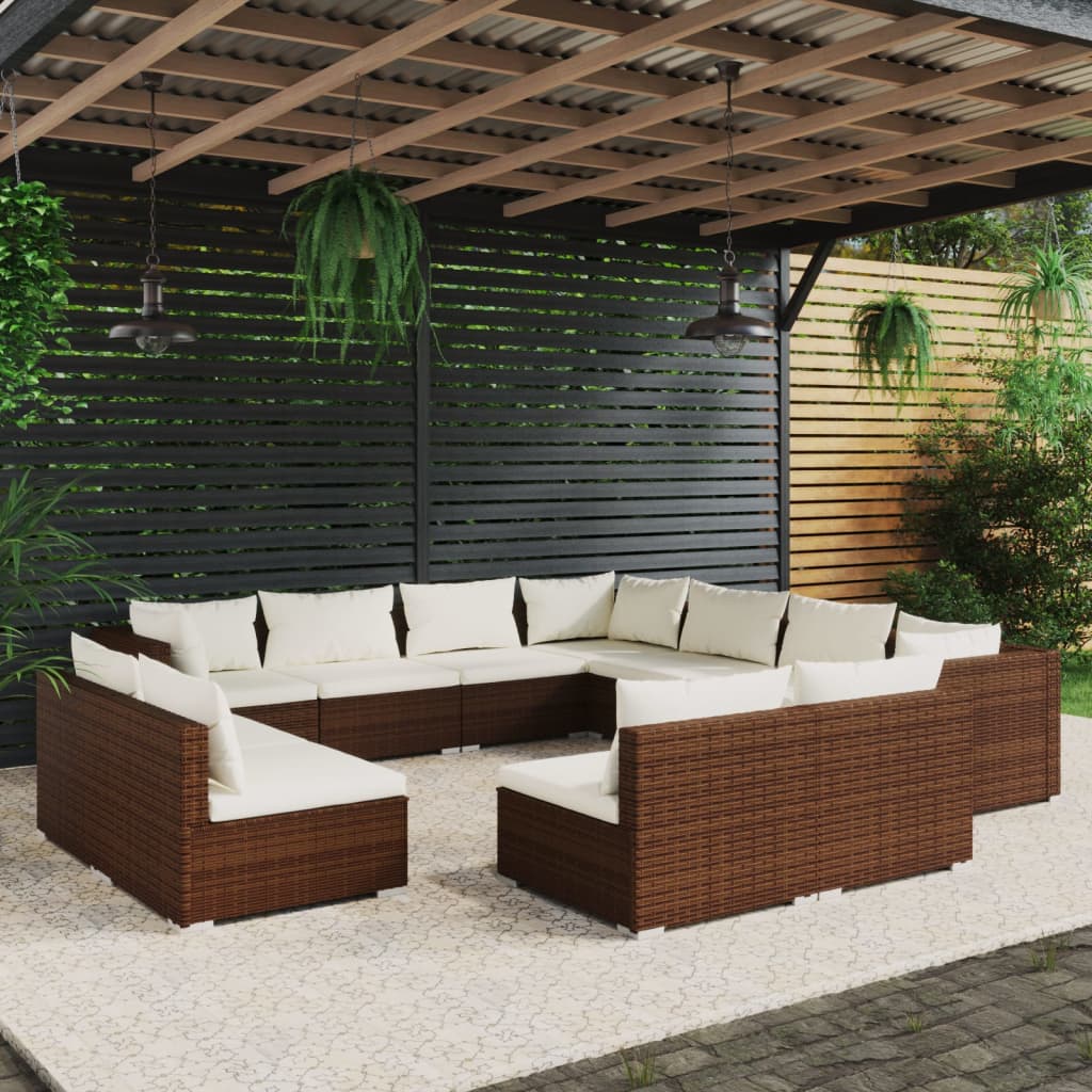 vidaXL 11 Piece Garden Lounge Set with Cushions Brown Poly Rattan
