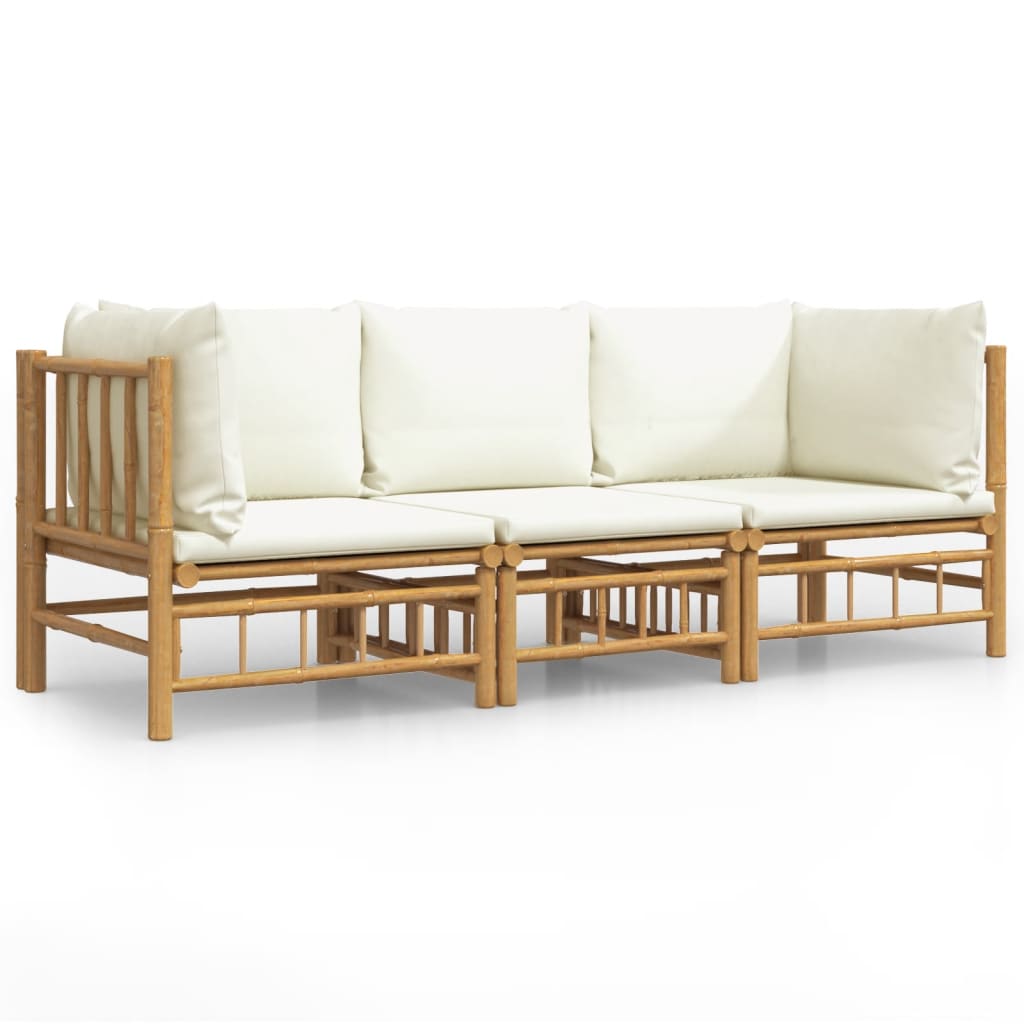 vidaXL 3 Piece Garden Lounge Set with Cream White Cushions Bamboo