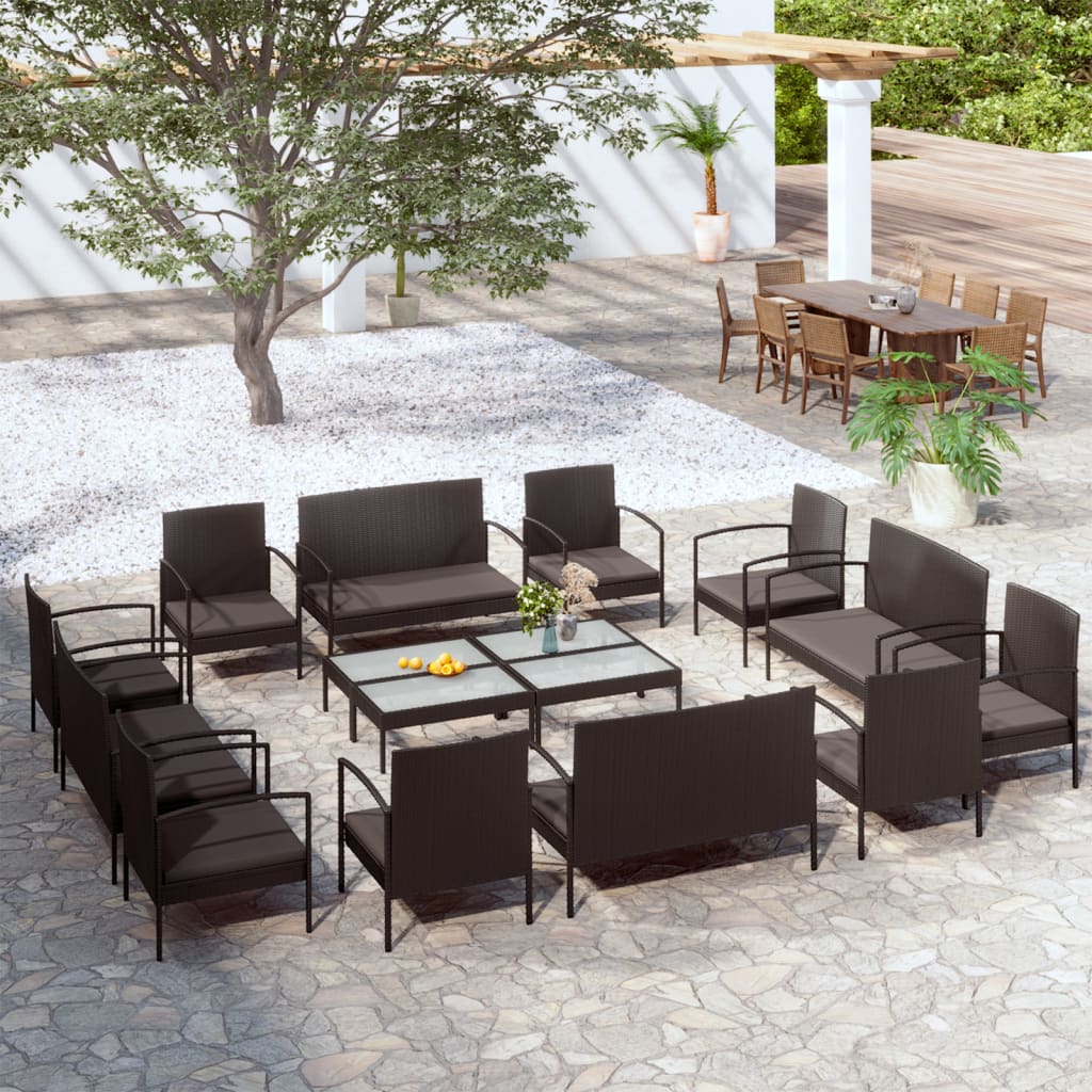 vidaXL 16 Piece Garden Lounge Set with Cushions Poly Rattan Black