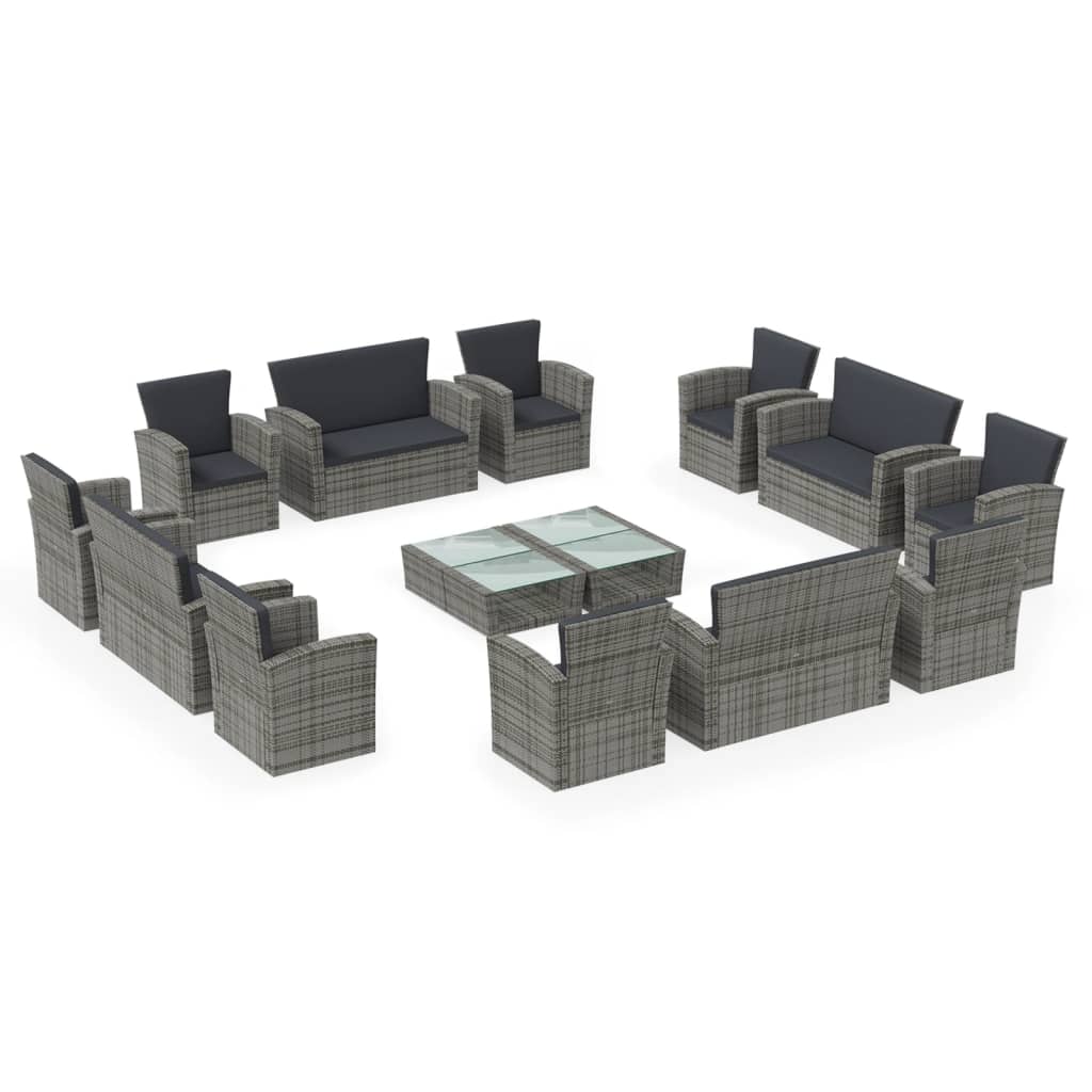 vidaXL 16 Piece Garden Lounge Set with Cushions Poly Rattan Grey