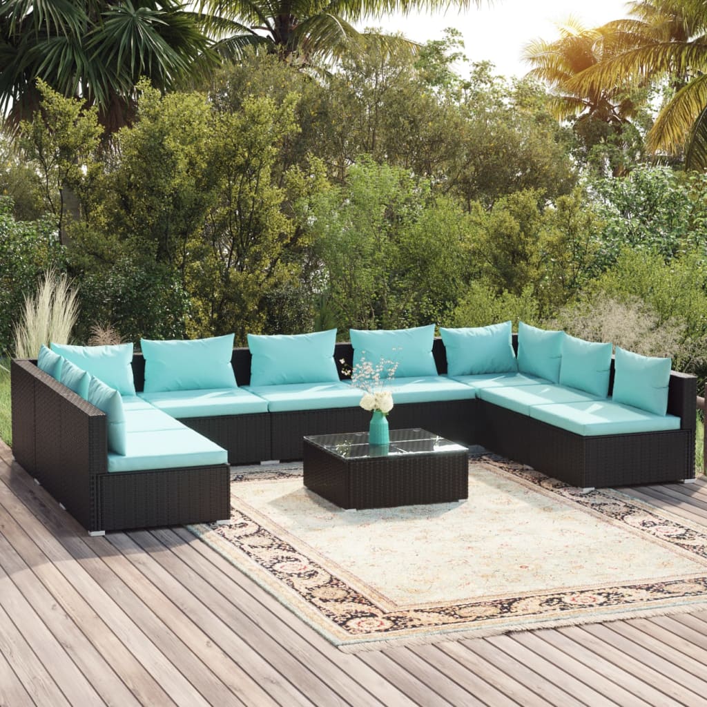 vidaXL 10 Piece Garden Lounge Set with Cushions Poly Rattan Black