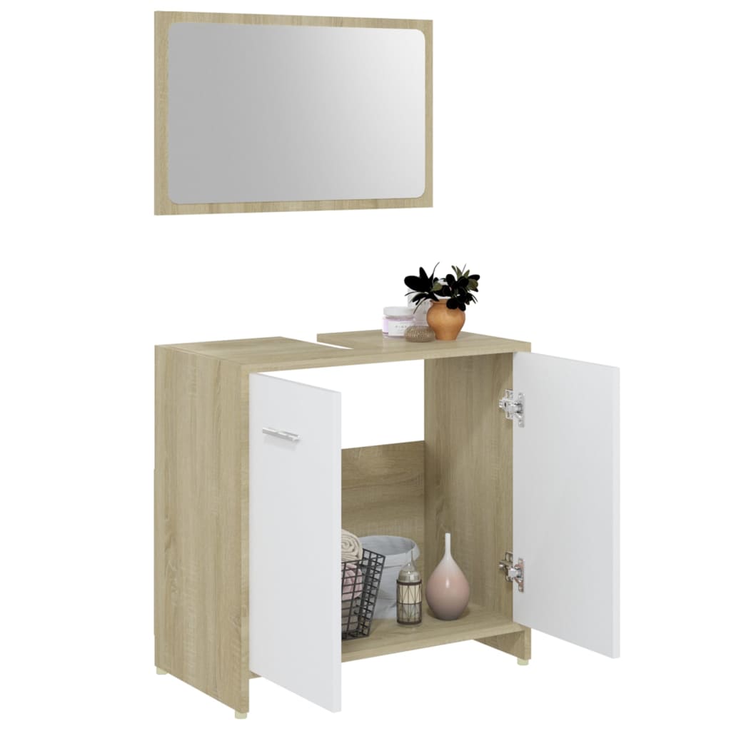 vidaXL 3 Piece Bathroom Furniture Set White and Sonoma Oak Engineered Wood