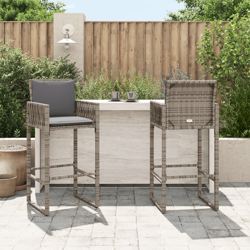 vidaXL Garden Bar Stools with Cushions 2 pcs Grey Poly Rattan