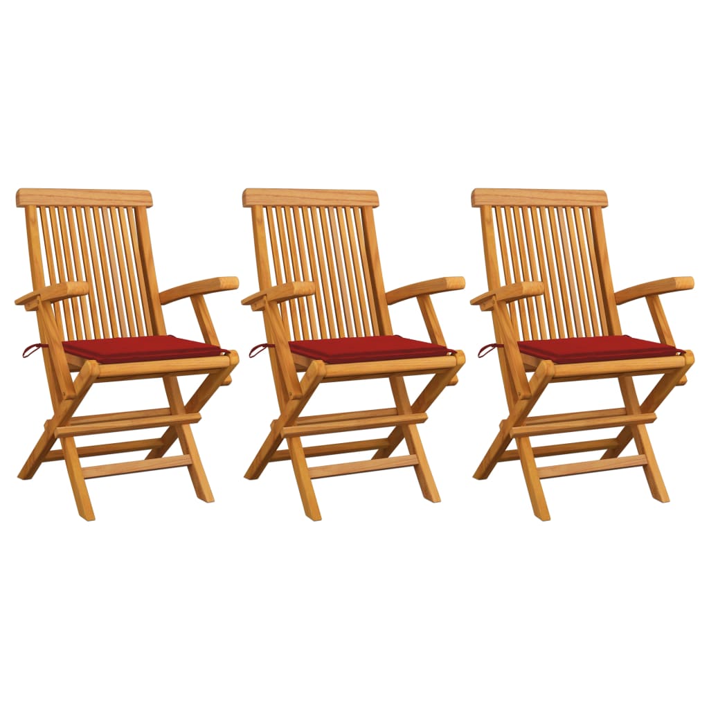 vidaXL Garden Chairs with Red Cushions 3 pcs Solid Teak Wood