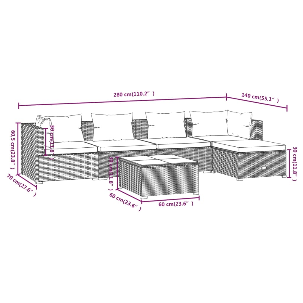 vidaXL 6 Piece Garden Lounge Set with Cushions Poly Rattan Grey