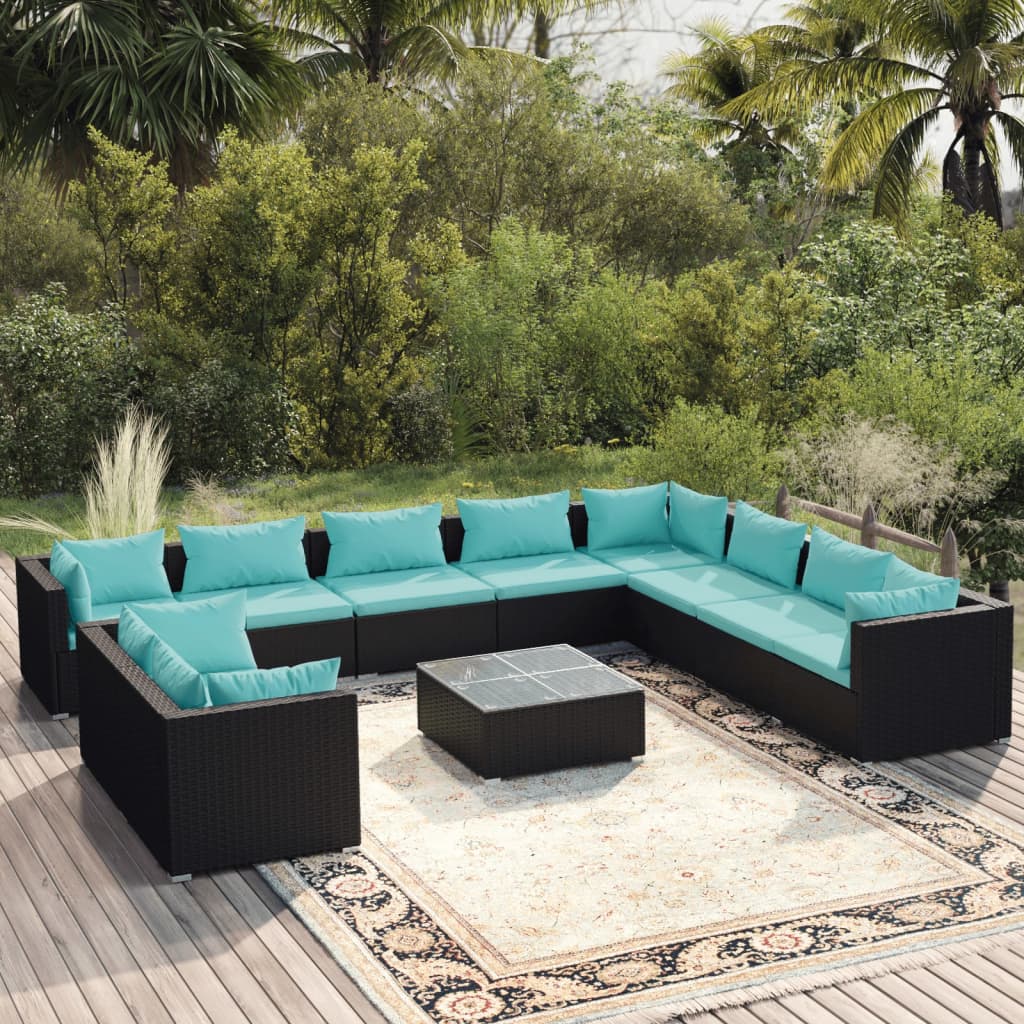 vidaXL 11 Piece Garden Lounge Set with Cushions Black Poly Rattan