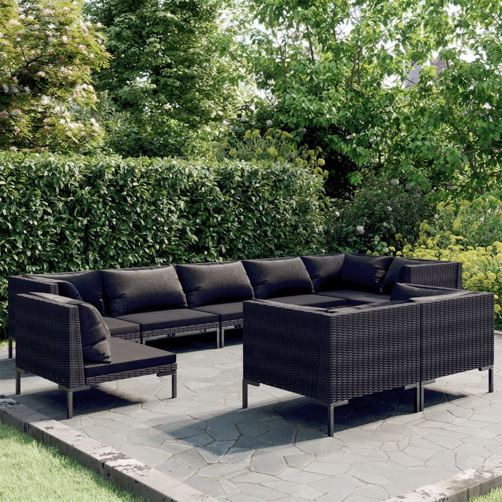 vidaXL 9 Piece Garden Lounge Set with Cushions Round Rattan Dark Grey