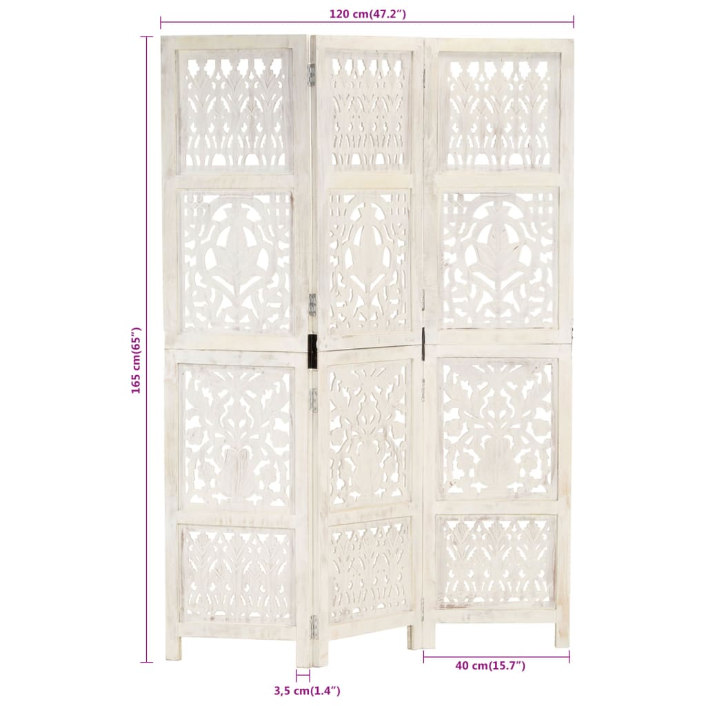 vidaXL Hand carved 3-Panel Room Divider White 120x165 cm Solid Mango Wood