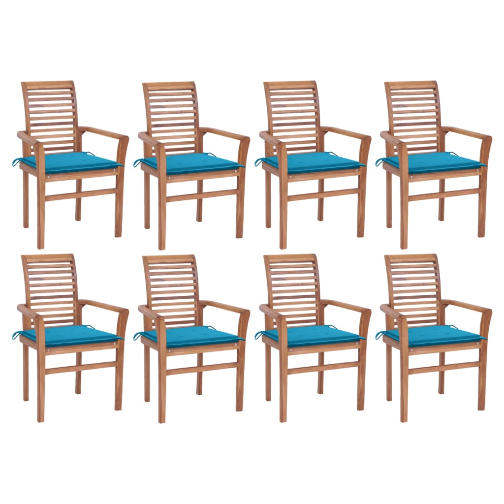 vidaXL Dining Chairs 8 pcs with Blue Cushions Solid Teak Wood