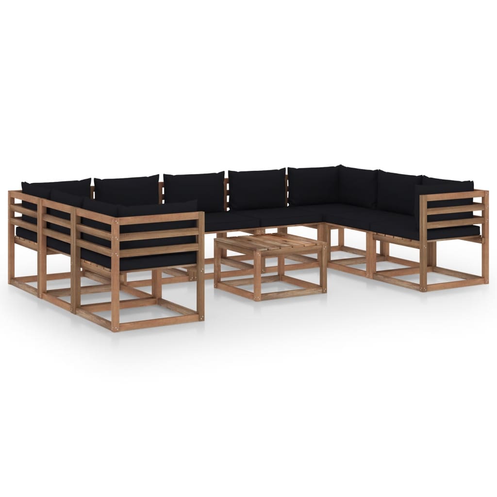 vidaXL 10 Piece Garden Lounge Set with Black Cushions