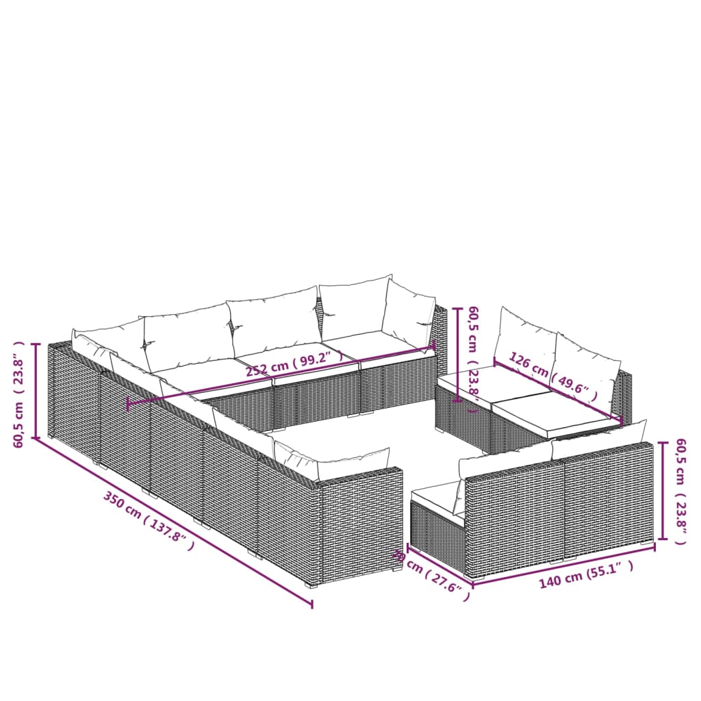 vidaXL 12 Piece Garden Lounge Set with Cushions Grey Poly Rattan