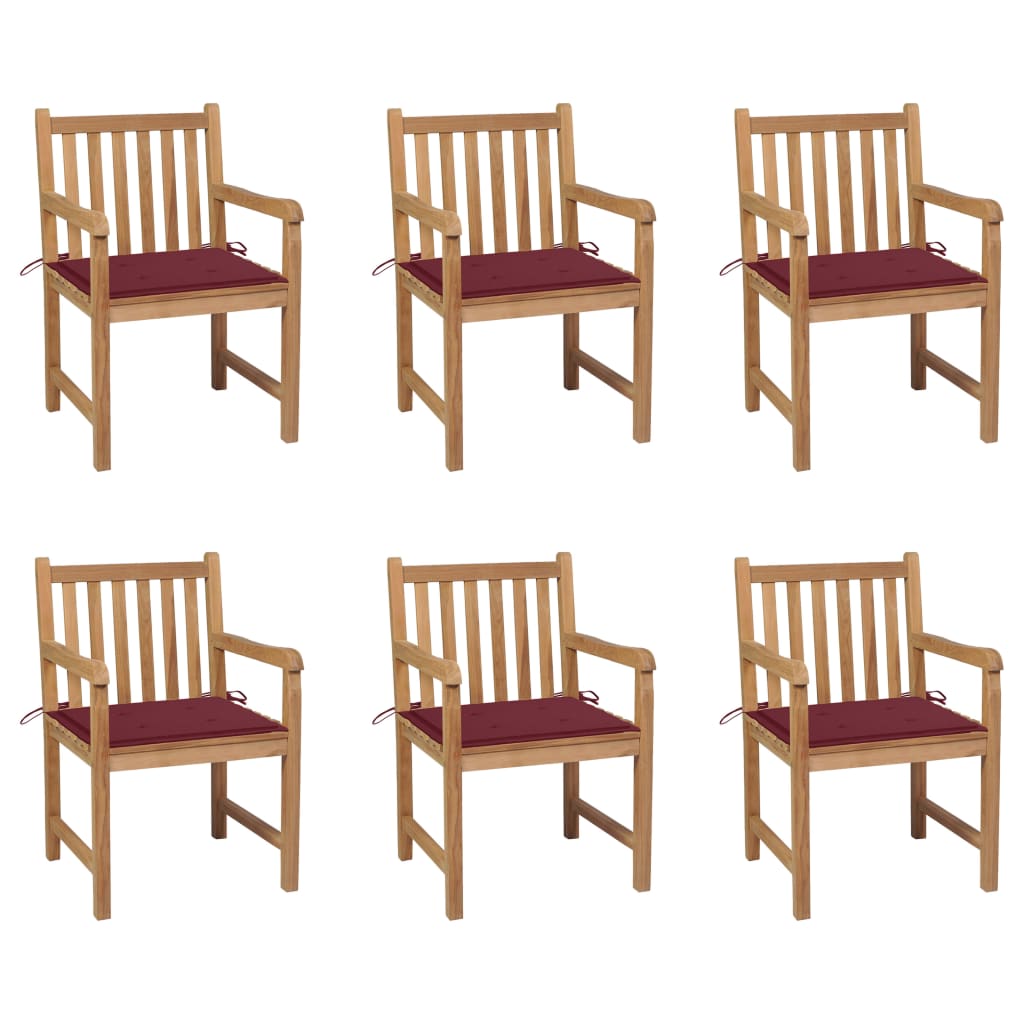 vidaXL Garden Chairs 6 pcs with Wine Red Cushions Solid Teak Wood