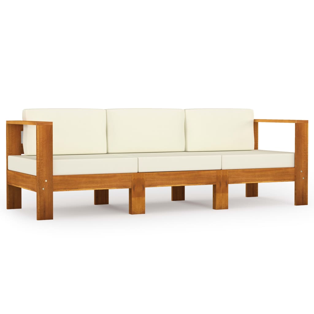 vidaXL 3-Seater Garden Sofa with Cream White Cushions Solid Acacia Wood