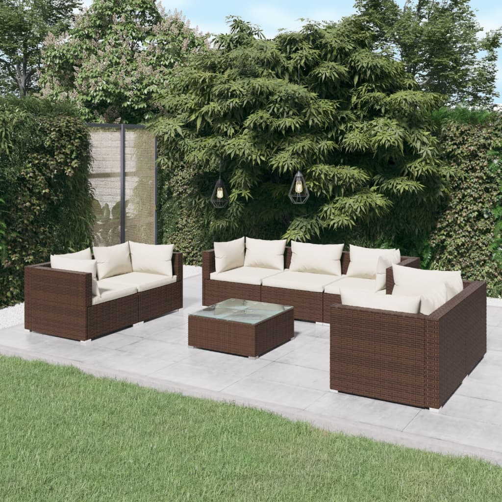 vidaXL 8 Piece Garden Lounge Set with Cushions Poly Rattan Brown