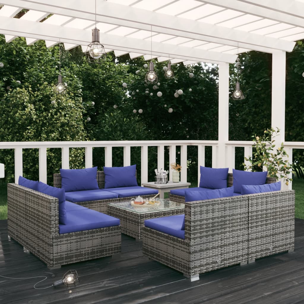 vidaXL 9 Piece Garden Lounge Set with Cushions Poly Rattan Grey