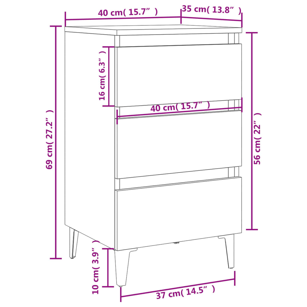 vidaXL Bed Cabinet with Metal Legs Smoked Oak 40x35x69 cm