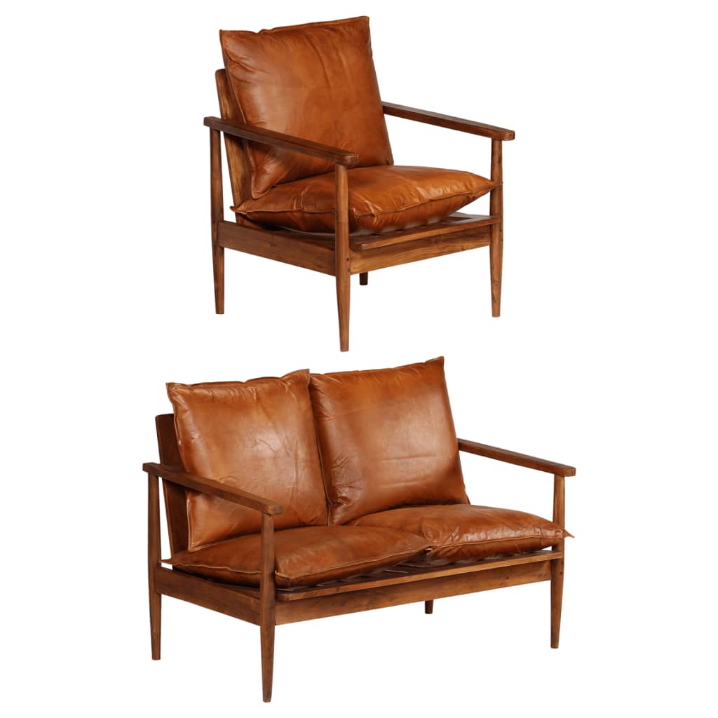 vidaXL 2 Piece Sofa Set Brown Real Leather and Solid Wood Acacia