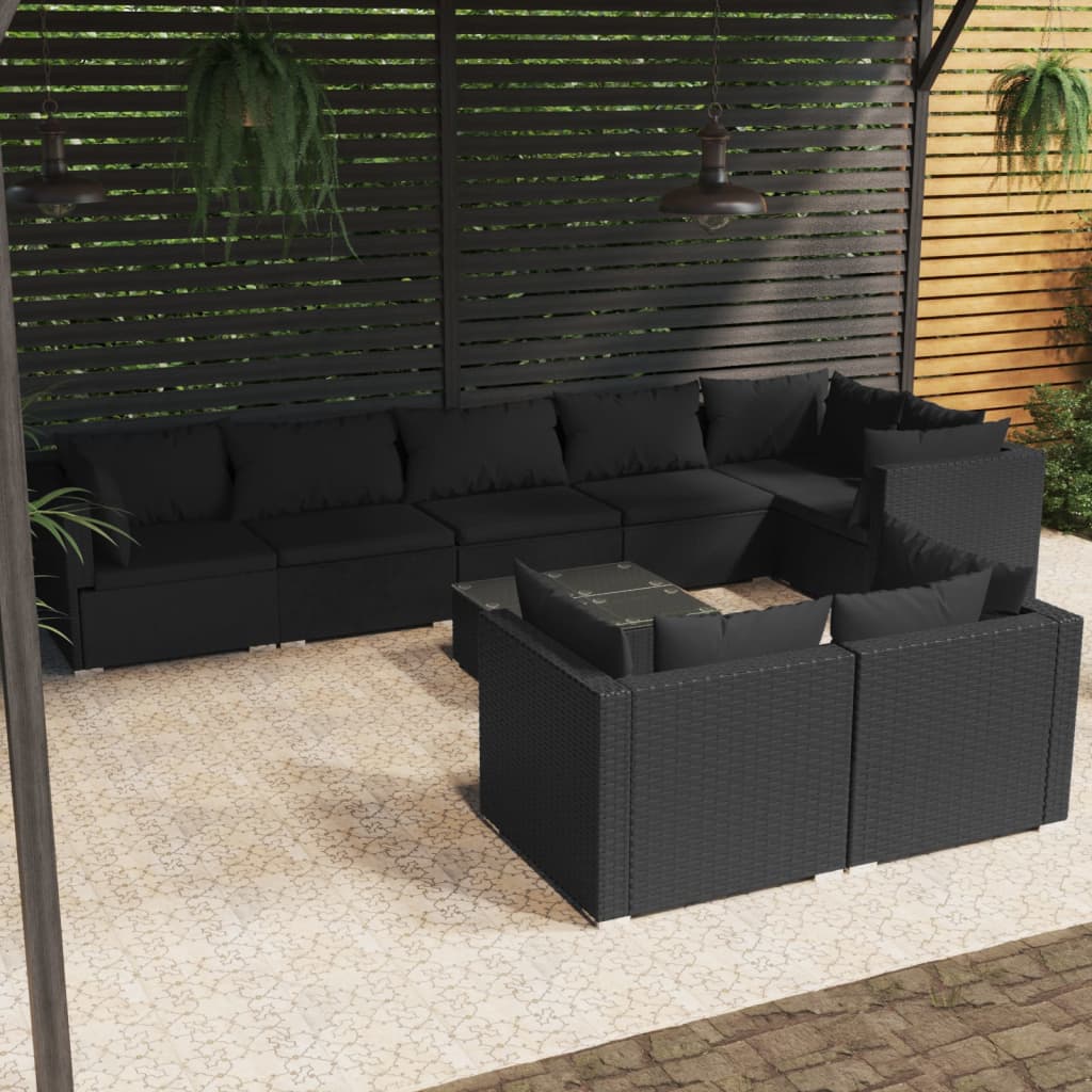 vidaXL 9 Piece Garden Lounge Set with Cushions Black Poly Rattan