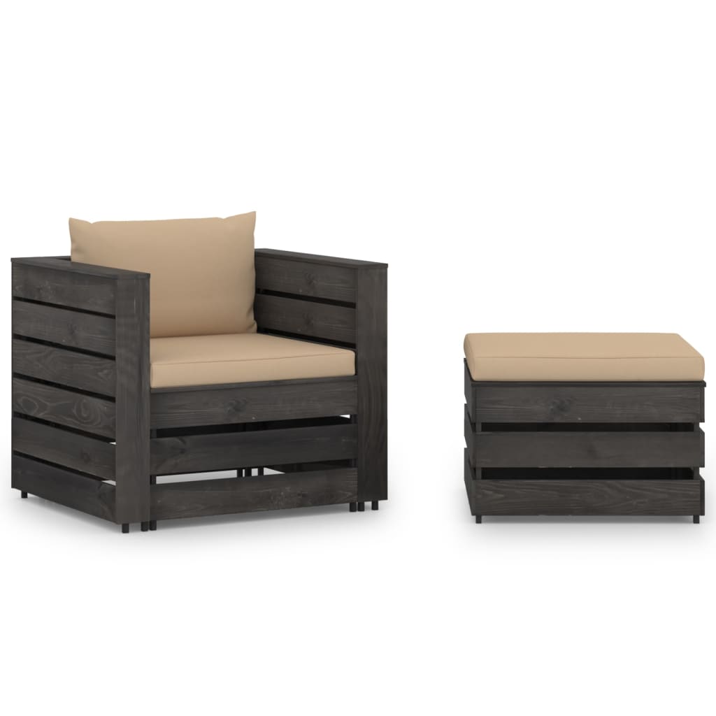 vidaXL 2 Piece Garden Lounge Set with Cushions Grey Impregnated Wood