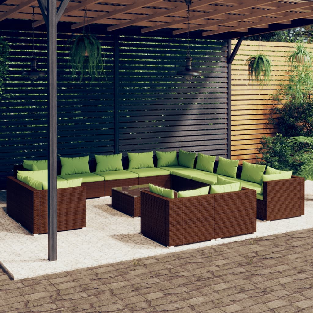 vidaXL 14 Piece Garden Lounge Set with Cushions Brown Poly Rattan