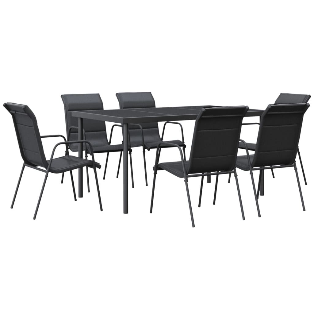 vidaXL 7 Piece Garden Dining Set Black Steel and Textilene