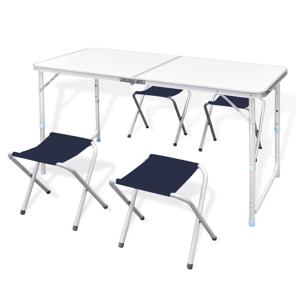 Foldable Camping Table Set with 4 Stools Height Adjustable 120x60cm