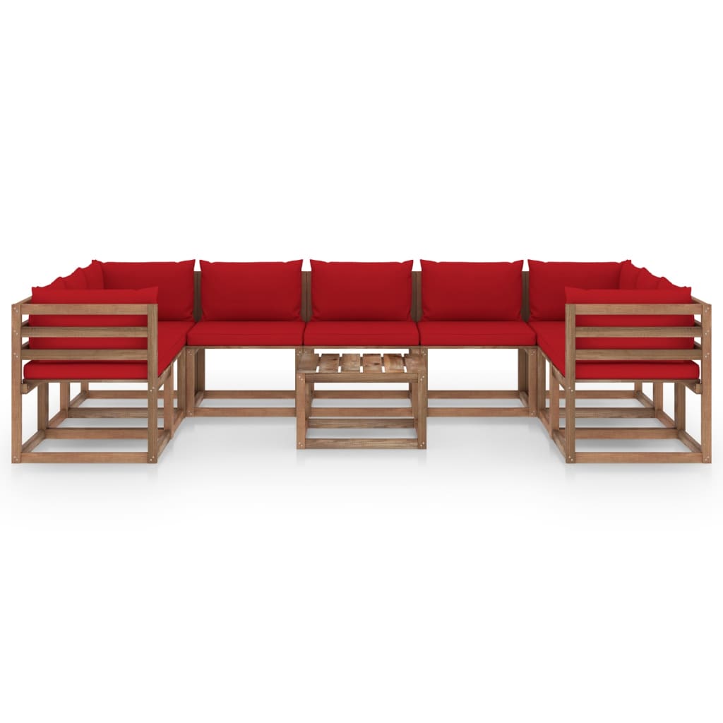 vidaXL 10 Piece Garden Lounge Set with Red Cushions