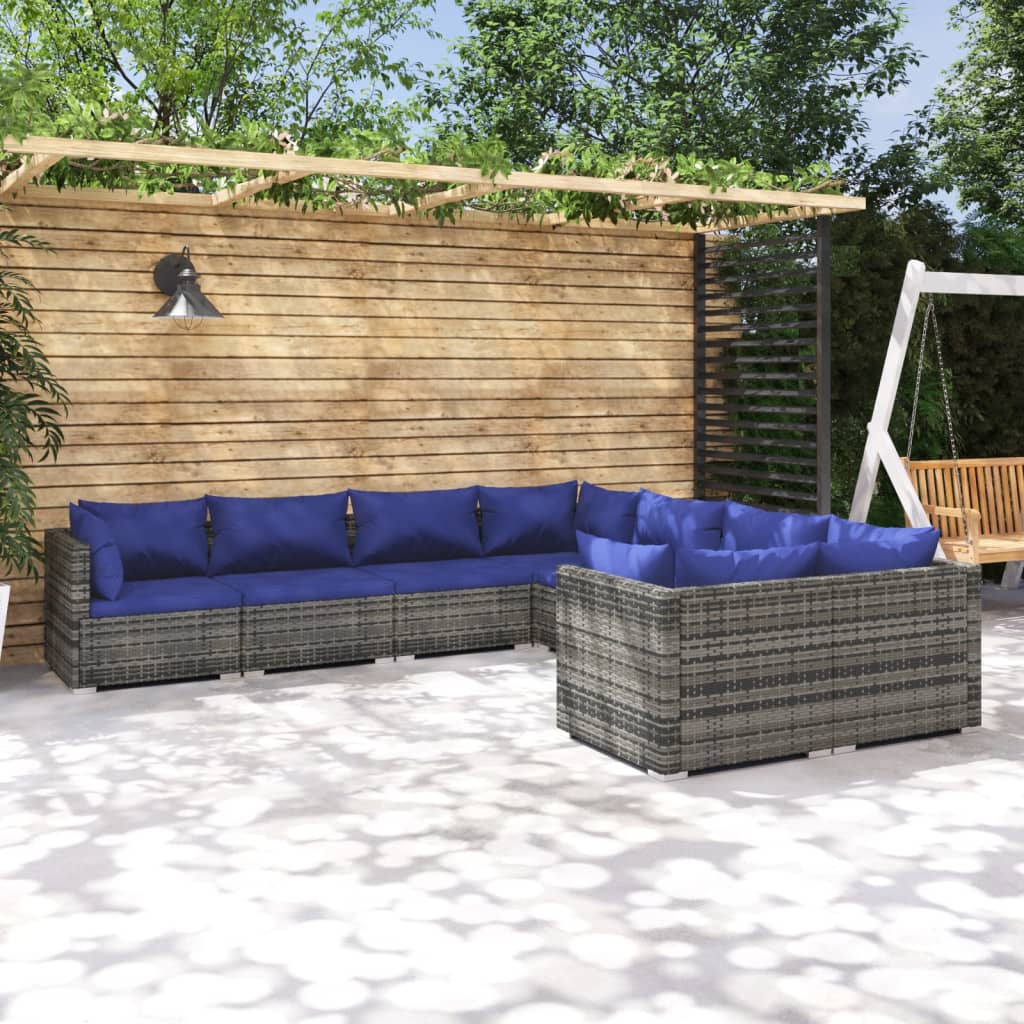 vidaXL 8 Piece Garden Lounge Set with Cushions Poly Rattan Grey