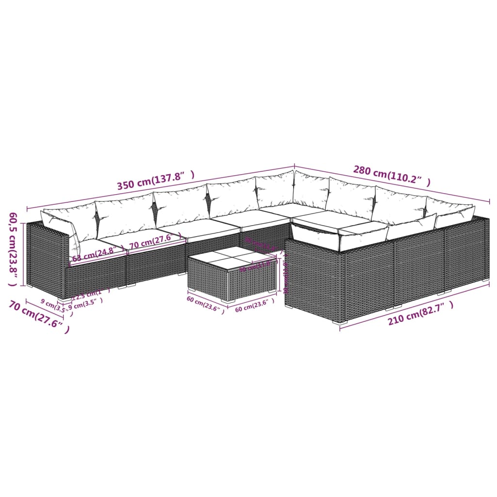 vidaXL 11 Piece Garden Lounge Set with Cushions Poly Rattan Grey