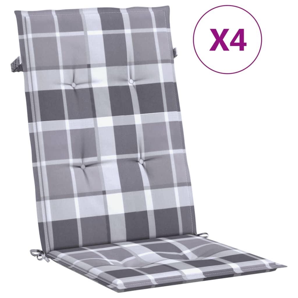 vidaXL Garden Highback Chair Cushions 4 pcs Grey Check Pattern 120x50x3 cm Fabric