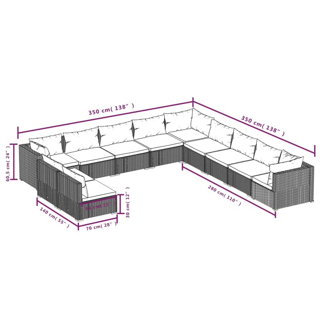 vidaXL 11 Piece Garden Lounge Set with Cushions Grey Poly Rattan